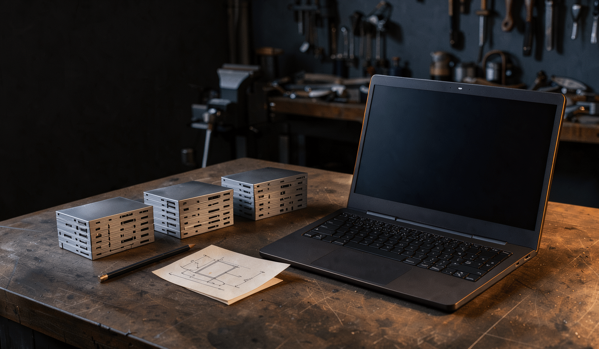 Markenloses aufgeklapptes Notebook mit tiefschwarzem Bildschirm auf einer Holzwerkbank, daneben drei Stapel silberner Speichermodule, Bleistift und Notizzettel mit Skizze; im Hintergrund unscharf Schraubstock und Werkzeugwand, warmes Seitenlicht von rechts.