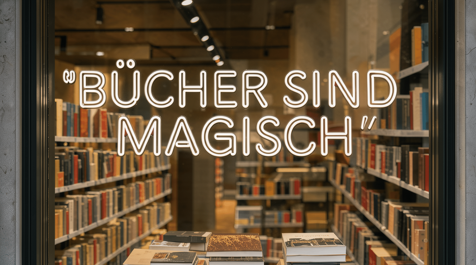 Demo 1: Schaufenster einer Buchhandlung mit Neonschrift „BÜCHER SIND MAGISCH“ (1664×928)