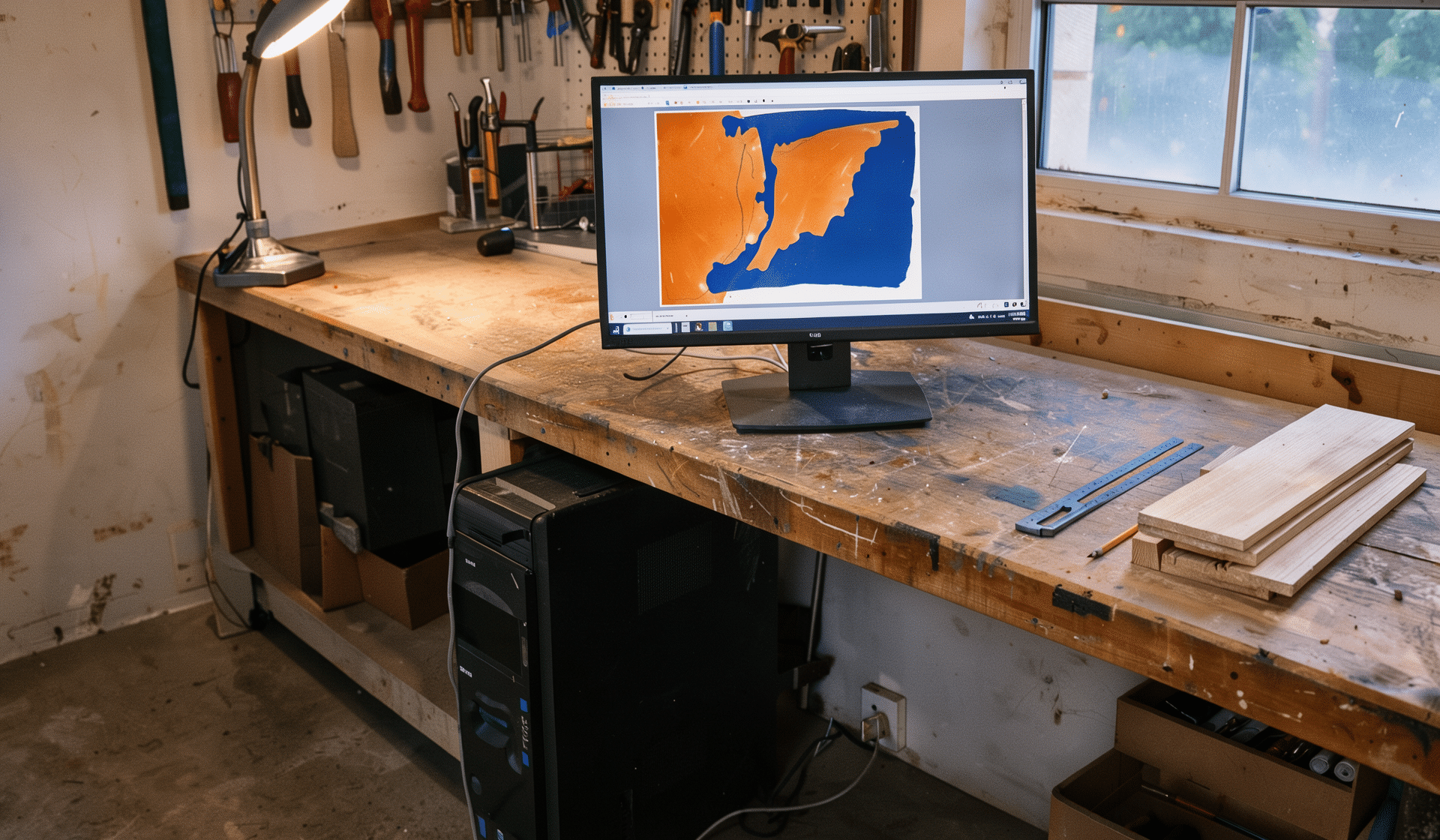 FLUX 3 Image Klein: Bilderzeugung auf eigener Hardware Bilderzeugung in der eigenen Werkstatt: Tower und Monitor auf der Werkbank, Kabel zur Wanddose statt Cloud