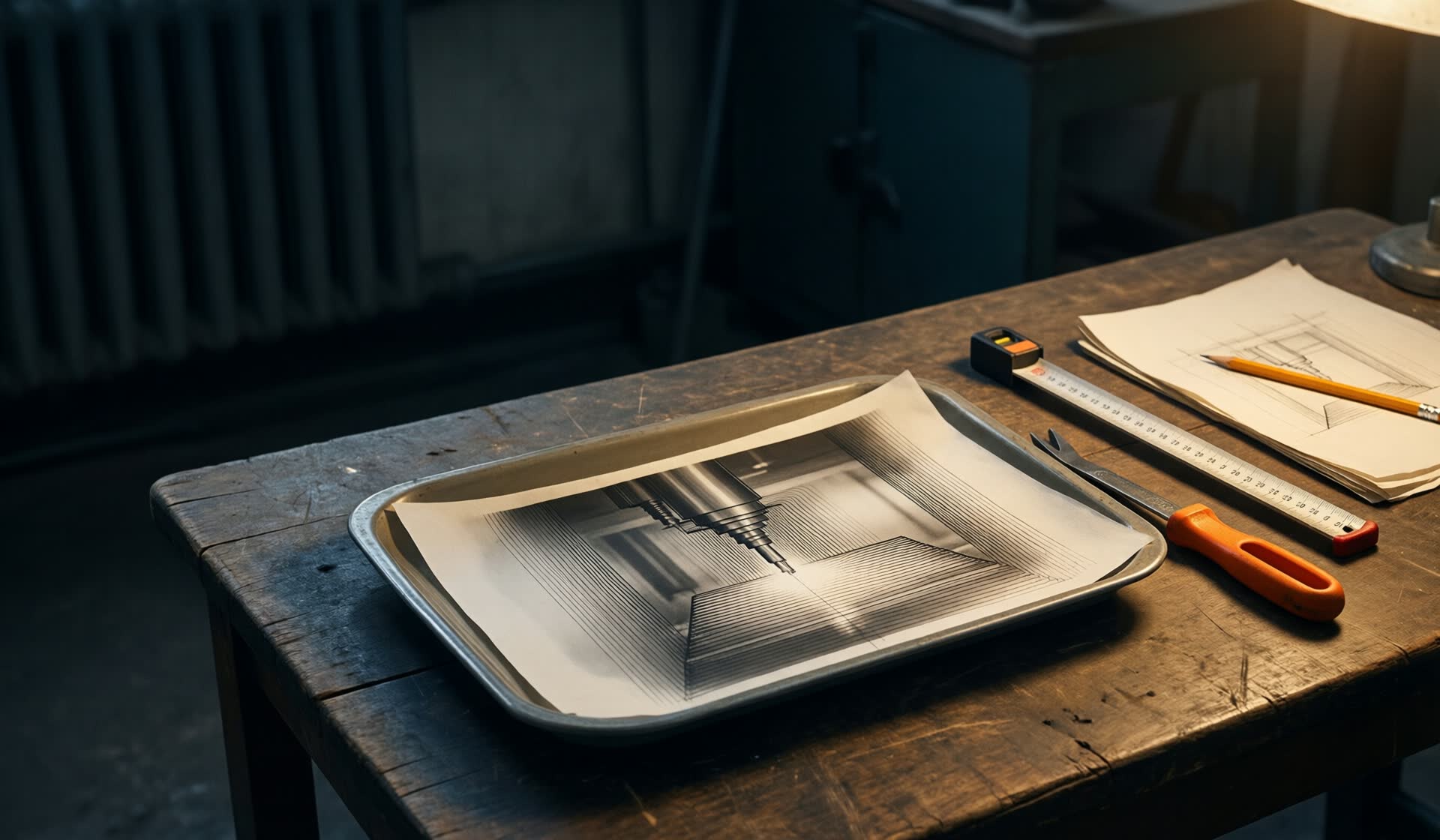 Analoge Fotodunkelkammer im Handwerksbetrieb: In der Entwicklerschale zeichnet sich auf dem Fotopapier eine CNC-Fräse ab – das Bild entsteht direkt vor Ort.