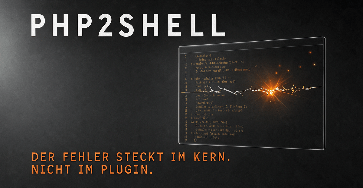 php2shell-php-kern-terminal Grafik auf dunklem Anthrazit: rechts ein Terminal-Fenster mit angedeuteten Code-Zeilen, eine Zeile ist aufgebrochen, orangefarbenes Licht strahlt aus dem Riss. Links in Weiß die Überschrift PHP2SHELL, darunter in Orange: DER FEHLER STECKT IM KERN. NICHT IM PLUGIN.