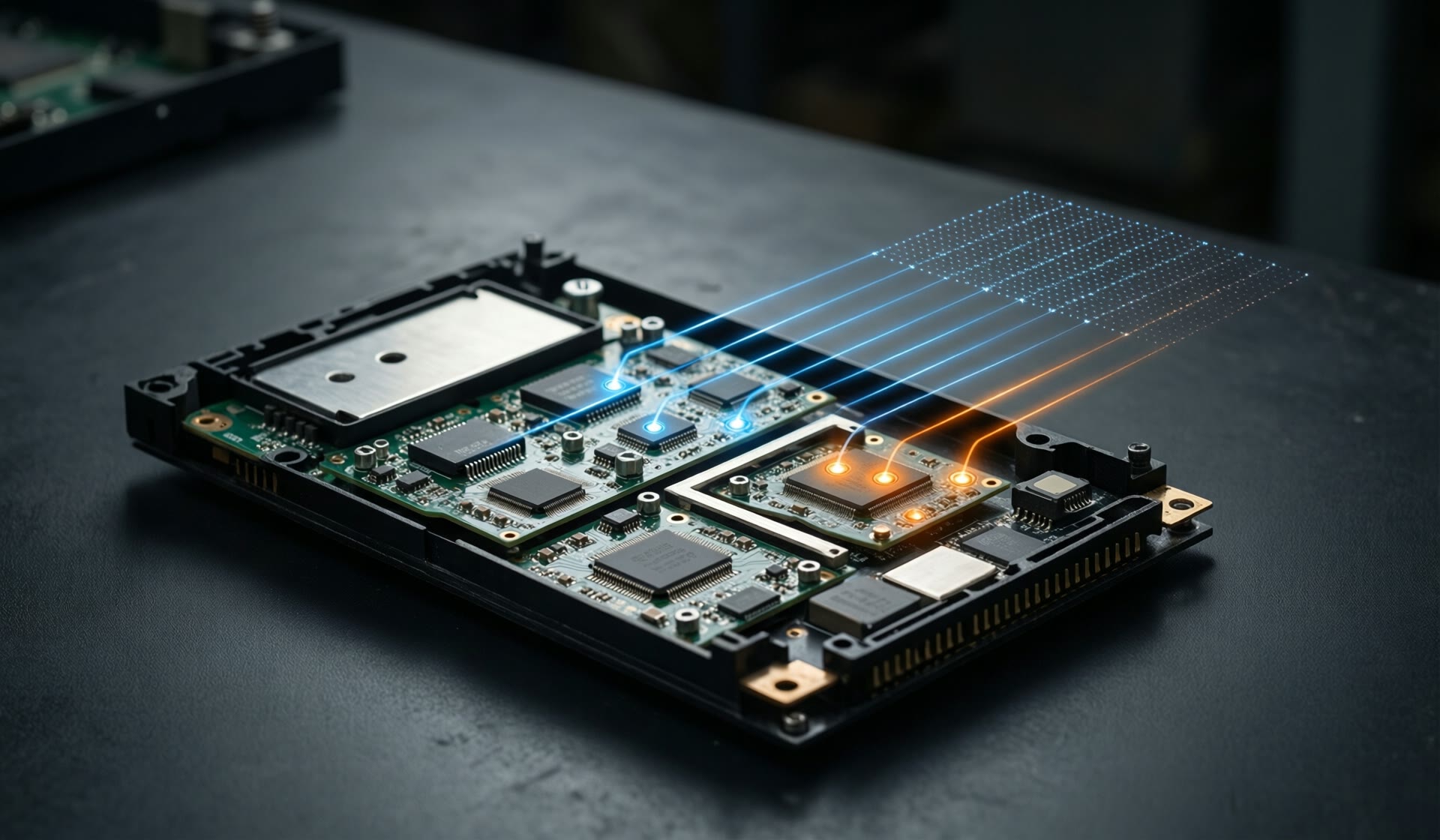 Ein geöffnetes elektronisches Gerät, in seine Bauteile zerlegt auf dunkler Arbeitsfläche: feine blaue Lichtlinien verbinden jedes Teil mit einem Raster aus Messpunkten, vier davon leuchten orange – die nachvollziehbaren Fundstellen.