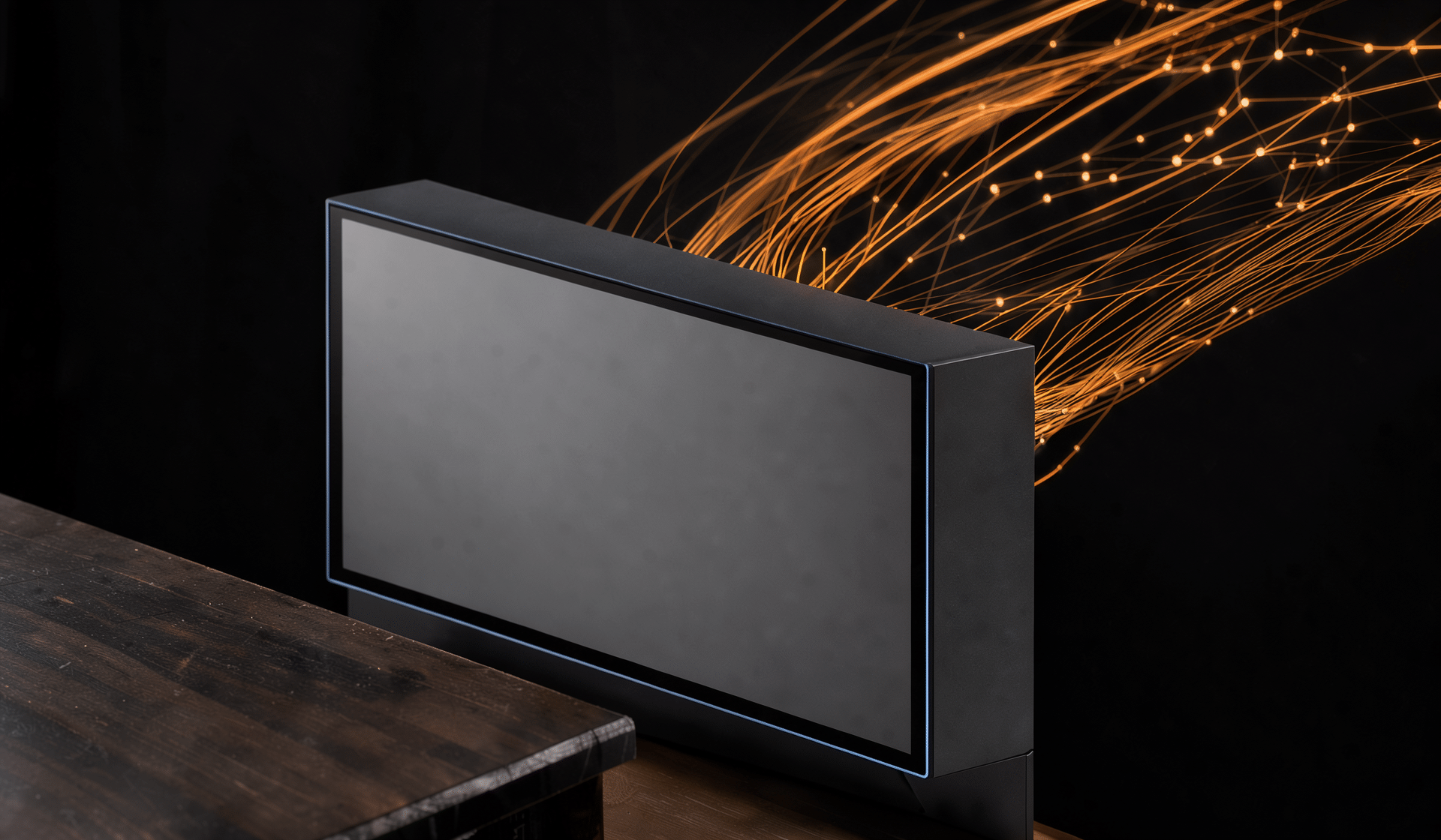 samsung-tv-acr-opt-out-hero Dunkles Bild: Fernseher mit hellgrauem Bildschirm links der Mitte, aus dem Gehäuse laufen dünne orange Lichtfäden nach rechts oben und fächern sich zu einem feinen Netz heller Punkte auf; unten links dunkle Holzmaserung.